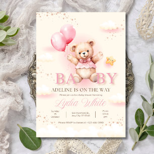 Meisje Baby shower uitnodiging, Teddy Bear Ballonn