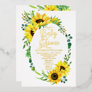 Meisje Baby Shower Zonnebloem Eucalyptus Bloemstuk Folie Uitnodiging