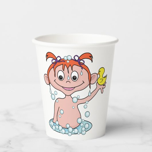 Meisje Badtijd Fun met Rubber Eend en Bubbels Papieren Bekers (Voorkant)