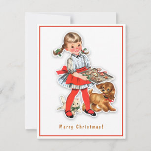 Meisje bakt koekjes met puppy en kitten in vintage feestdagenkaart