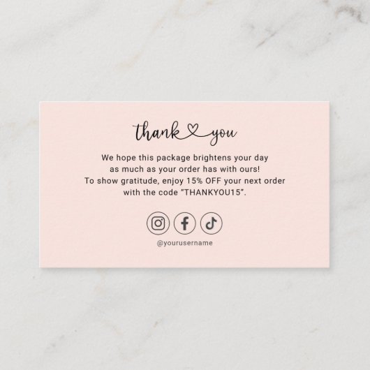 Meisje bedankt je hart sociale media Blush roze Visitekaartje (Achterkant)