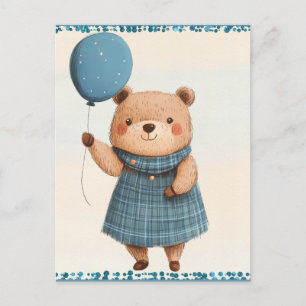 Meisje Beer met Blue Plaid Jurk en Ballon Briefkaart