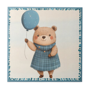 Meisje Beer met Blue Plaid Jurk en Ballon Tegeltje