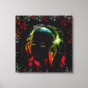 Meisje beluistert muziek hoofdtelefoon Neon Colors Canvas Afdruk