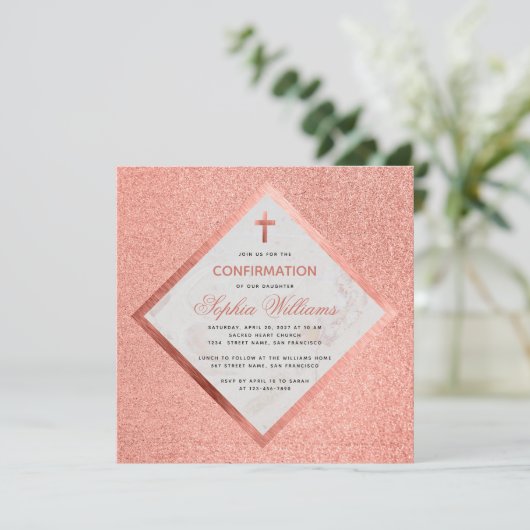 Meisje Bevestiging Roze Goud Marmer Kruis Kaart (Staand voorkant)