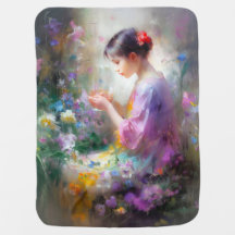 Meisje bewondering van een bloem in haar handen