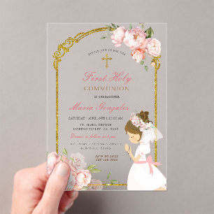 Meisje Bidden Goud Eerste Heilige Communie krullen Acryl Uitnodigingen