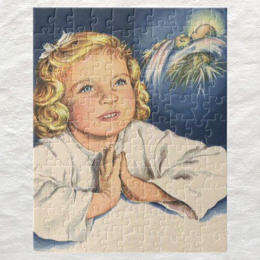 Meisje bidt aan Jezus Christus, beddengoed Legpuzzel