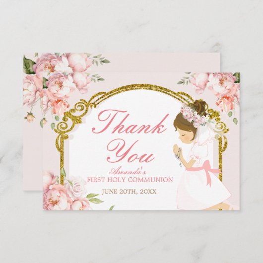 Meisje bidt goud 1e Heilige Communie Dank u Bedankkaart (Voorkant / Achterkant)