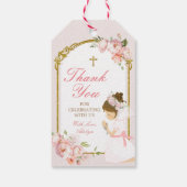 Meisje bidt goud eerste heilige communie krullend cadeaulabel (Achterkant)