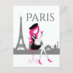 Meisje bij een Cafe in Paris Chic Eiffel Tower Briefkaart
