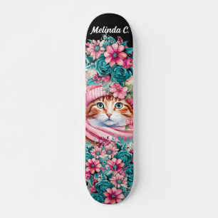 Meisje Blauwgroen & Roze Bloemen Kerstmis Kitten Skateboard