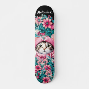 Meisje Blauwgroen & Roze Bloemen Kerstmis Kitten Skateboard