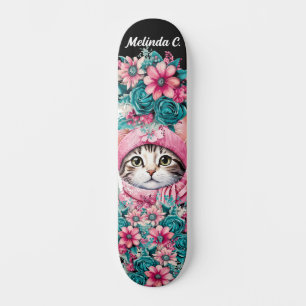 Meisje Blauwgroen & Roze Bloemen Kerstmis Kitten Skateboard