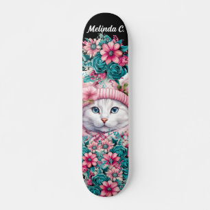 Meisje Blauwgroen & Roze Bloemen Kerstmis Kitten Skateboard