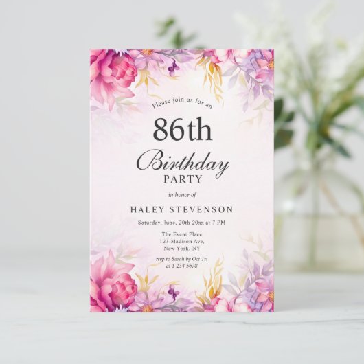 Meisje Bloemen Pastel Waterverf Chic 86th Verjaard Kaart (Staand voorkant)