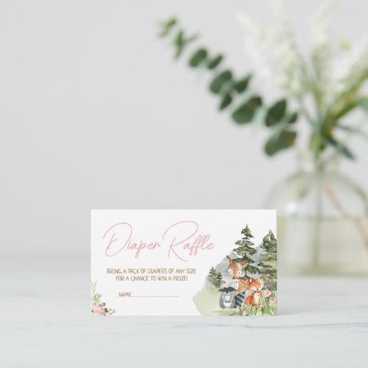 Meisje Bloemen Woodland Dieren Luier Raffle Informatiekaartje (Staand voorkant)