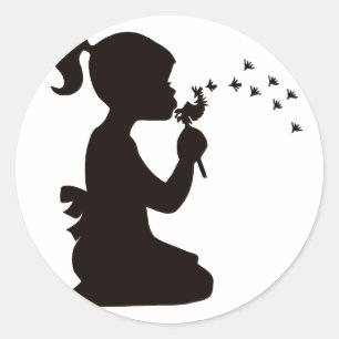 Meisje Blowing op Paardebloem silhouet Ronde Sticker