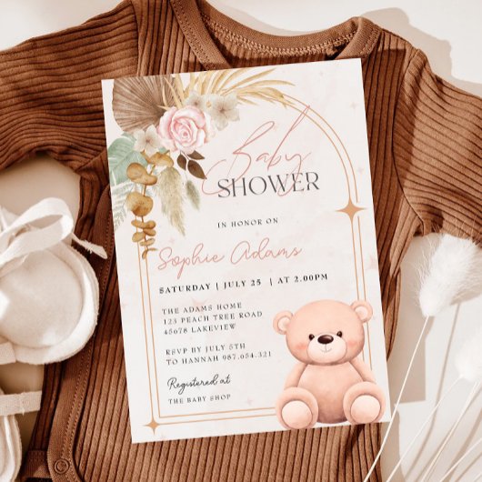Meisje Boho Teddy Bear Roze Baby shower Kaart