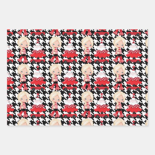 Meisje Boom/Rode Wagon Plaid Kerst Wrapping Papier Inpakpapier Vel (Voorkant)