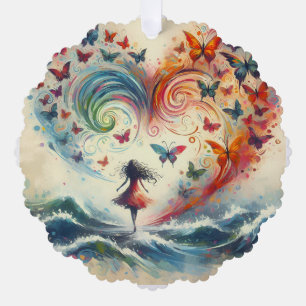 Meisje boven oceaangolven met vlinders ornament kaart