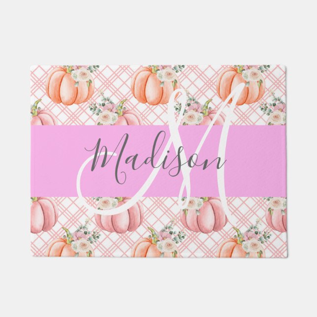 Meisje Chic Floral Pink Peach Monogram Deurmat (Voorkant)