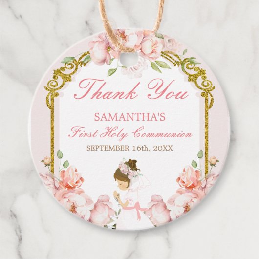 Meisje dat bidt Goud Eerste Heilige Communie Dank Bedankjes Labels (Voorkant)