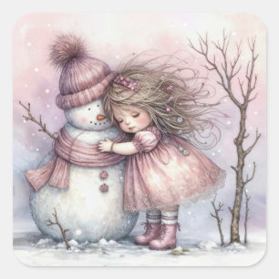 Meisje dat een sneeuwman omhelst vierkante sticker