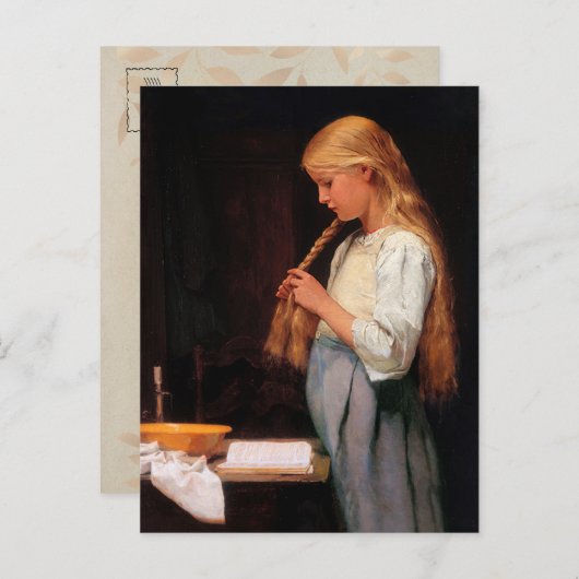 Meisje dat haar haar haar haar haar breekt en een  briefkaart (Voorkant / Achterkant)