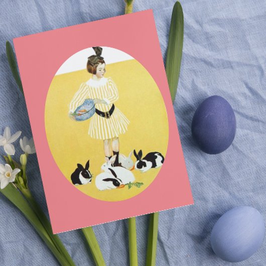  meisje dat konijnen voedt feestdagen kaart