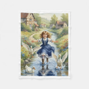 Meisje dat met eenden speelt in een dorpsstroom de fleece deken