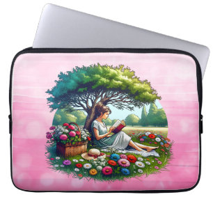 Meisje dat op een rustige dag een boek leest onder laptop sleeve