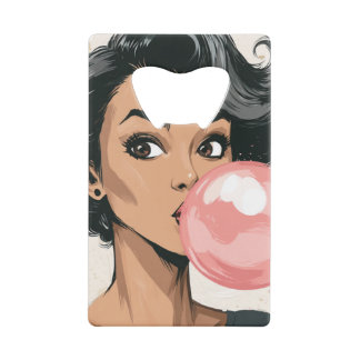 Meisje dat roze kauwgom bubbel blaast Leuk Cute Kredietkaart Flessenopener