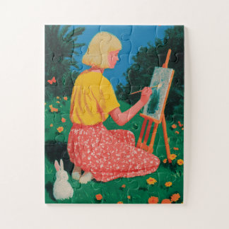 Meisje dat schildert aan een ezel in een zonnige w legpuzzel