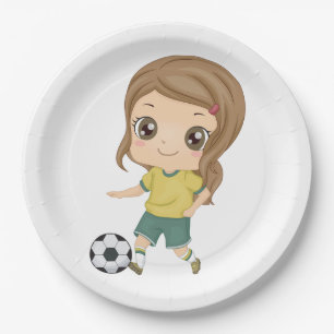 Meisje dat voetbal speelt Schattige kinder sporten Papieren Bordje