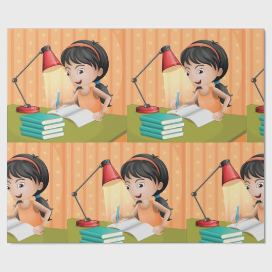 Meisje dat werkt op een desk wrapppapier cadeaupapier (Vlak)