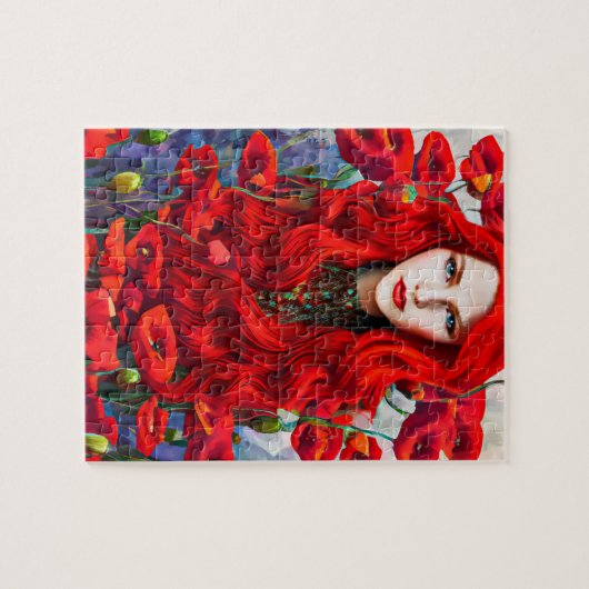 Meisje dat zich verschuilt in papaverbloemen legpuzzel (Horizontaal)