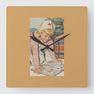 Meisje dat zuster speelt — Retro Vierkante Klok