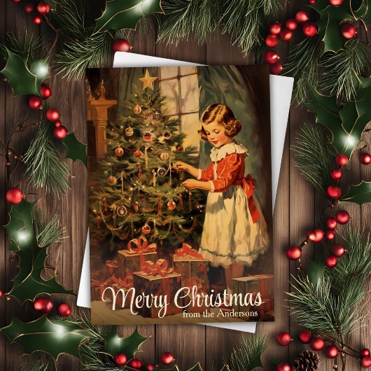  Meisje Decorating Tree Custom Kerstmis Feestdagen Kaart