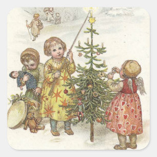 Meisje decoreren Kerstboom  Vierkante Sticker