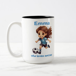 Meisje die houdt van voetbal met jouw naam tweekleurige koffiemok