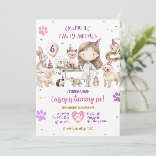 Meisje Dierenartsdieren Kids Verjaardagsfeest Kaart (Staand voorkant)