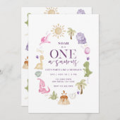 Meisje Dino One-a-saurus 1e verjaardag uitnodiging (Voorkant / Achterkant)