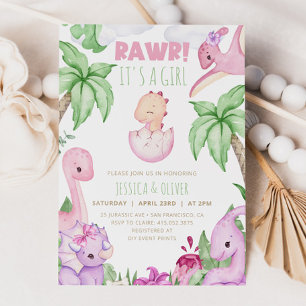 Meisje DINOSAUR Baby shower Invitation, Paarse Din Kaart