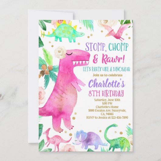 Meisje Dinosaur Uitnodiging Dino Verjaardagsfeest (Voorkant)