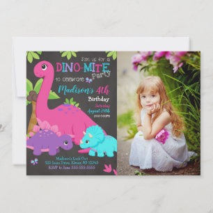 Meisje Dinosaurus Foto Verjaardagsuitnodiging Dino Kaart