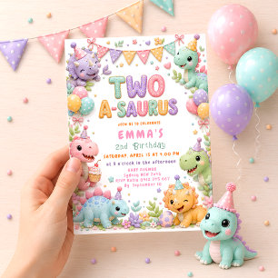 Meisje Dinosaurus Two-A-Saurus 2e Verjaardagsfeest Kaart