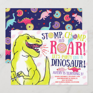 Meisje Dinosaurussen en Donuts Verjaardag Uitnodig Kaart