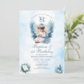 Meisje Doop & 1e Verjaardag Blauw Bloemen Kruis Kaart (Staand voorkant)