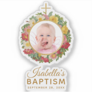 Meisje Doop Baby Foto Roos Krans Kruis Tekst Sticker